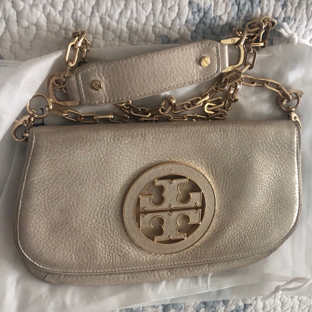 Metallic white and gold Tory Burch crossbody